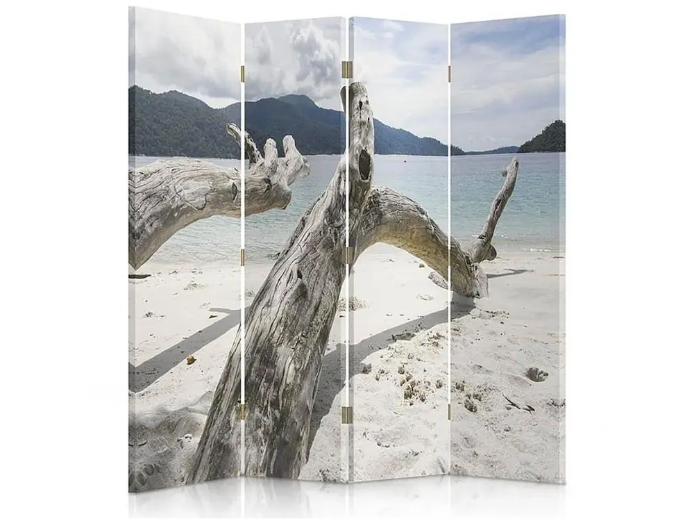 Paravent arbre branches sur une plage tropicale 4 volets - 145 x 150 cm - 2 faces R° V° + rotation 360°