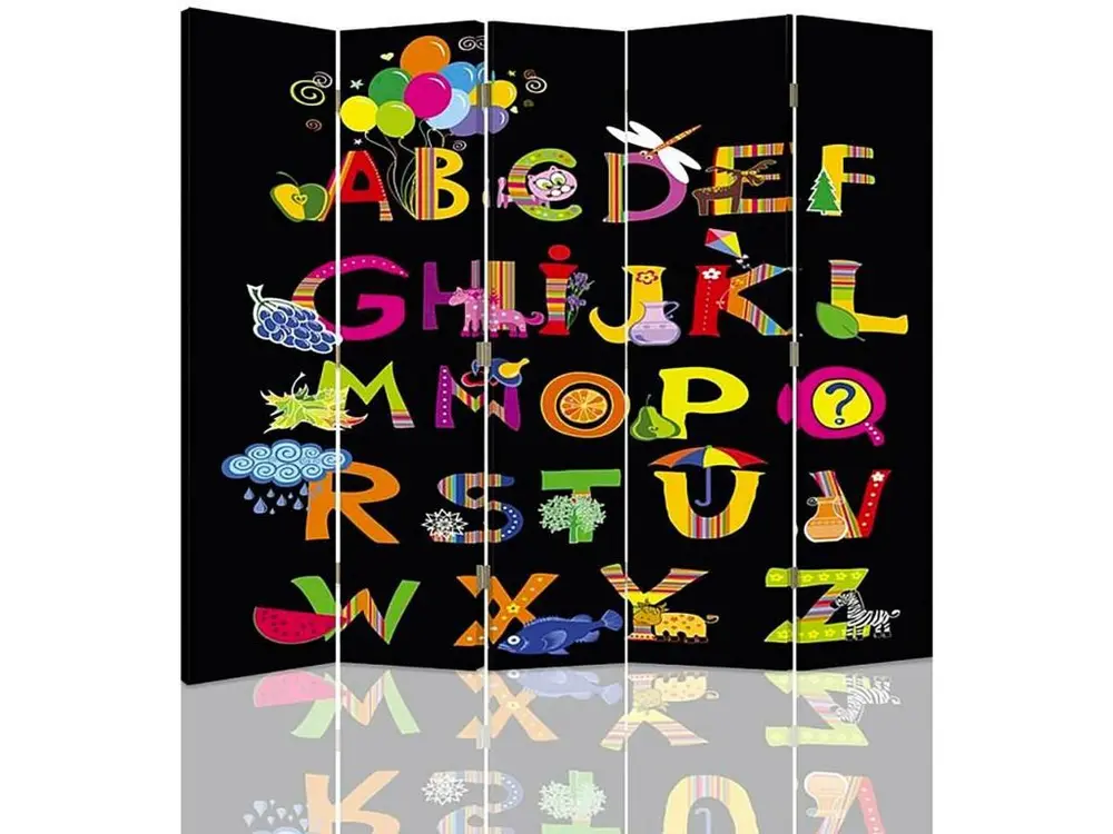 Paravent enfant alphabet 3 5 volets - 180 x 180 cm - 2 faces R° V° + rotation 360°