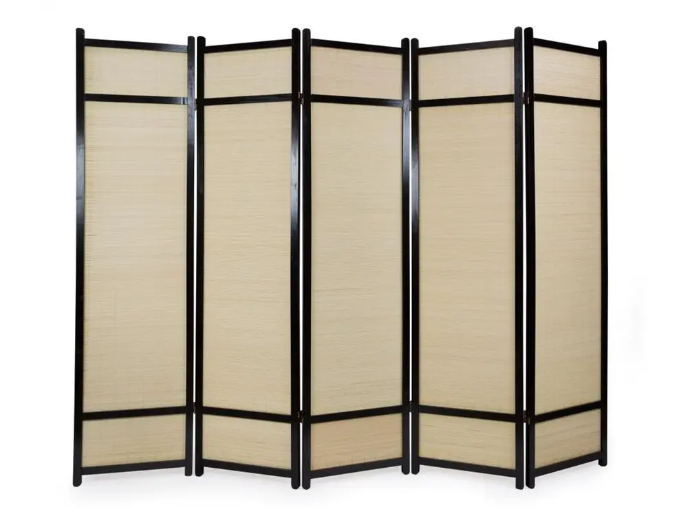 Paravent 5 panneaux pliable en bois noir et bambou 220 x175 cm PAR06063