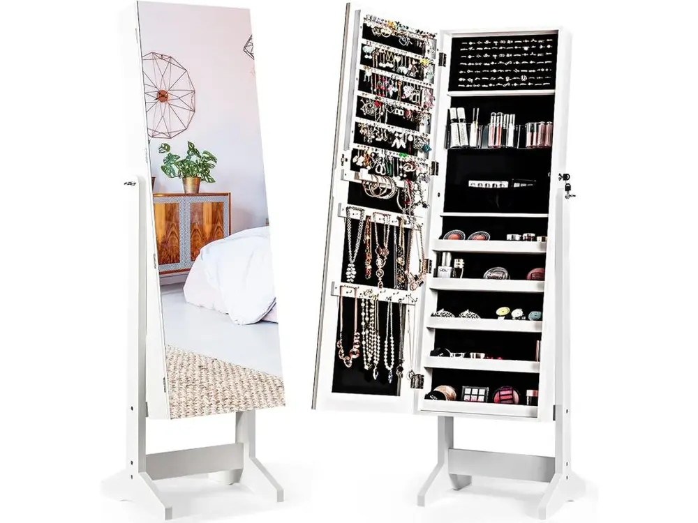 Armoire à bijoux sur pied, avec miroir inclinable, serrure, doublure et divers espaces de rangement, 41x36,5x146cm blanc