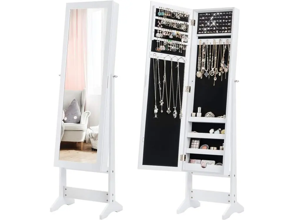 Armoire à bijoux sur pied avec miroir psyché coffre à bijoux, armoire de rangement cosmétiques,3 positions réglables, blanc