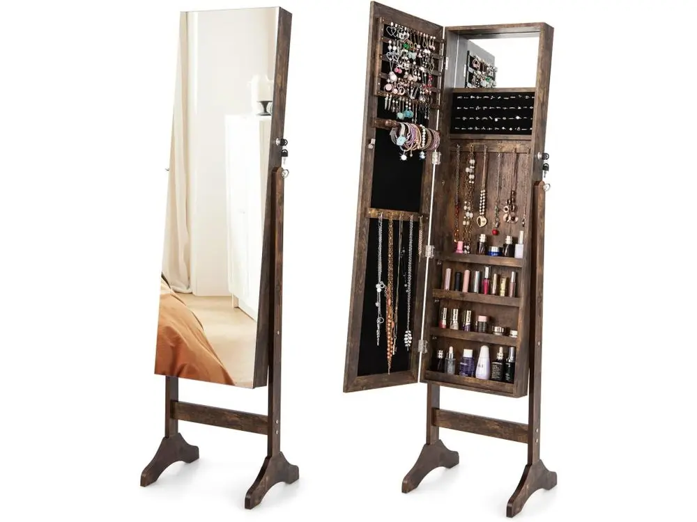 Armoire à bijoux sur pieds 3 en 1 - miroir hd - 4 angles d'inclinaison rangement cosmétiques et bijoux style industriel brun