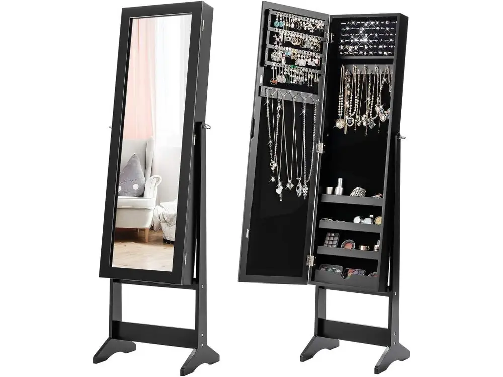 Armoire à bijoux sur pied avec miroir coffre à bijoux, armoire de rangement cosmétiques,3 positions réglables, noir