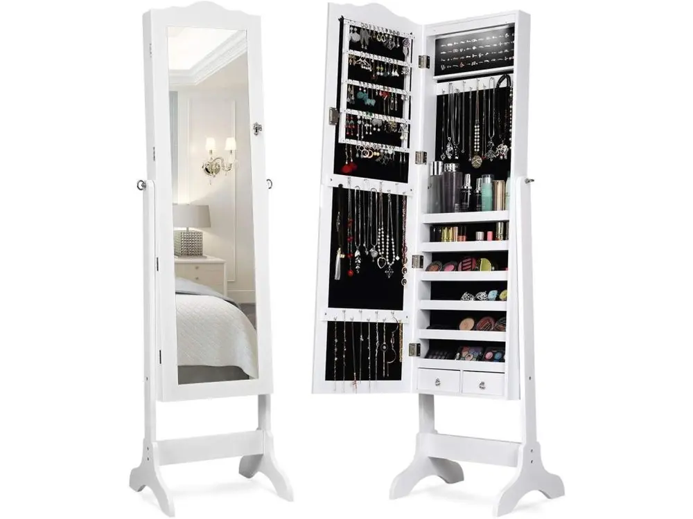 Armoire à bijoux sur pied avec 14 lampes led, verrouillable, réglable à 4 angles avec 2 tiroirs