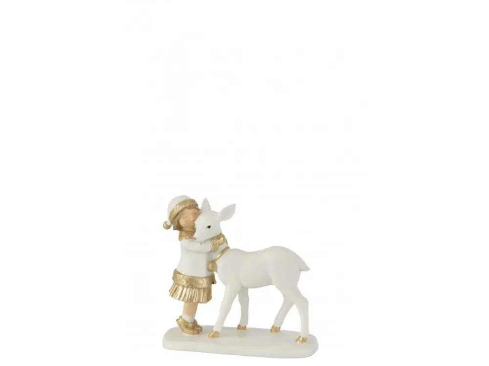 Statuette Déco "Enfant avec Renne" 16cm Blanc