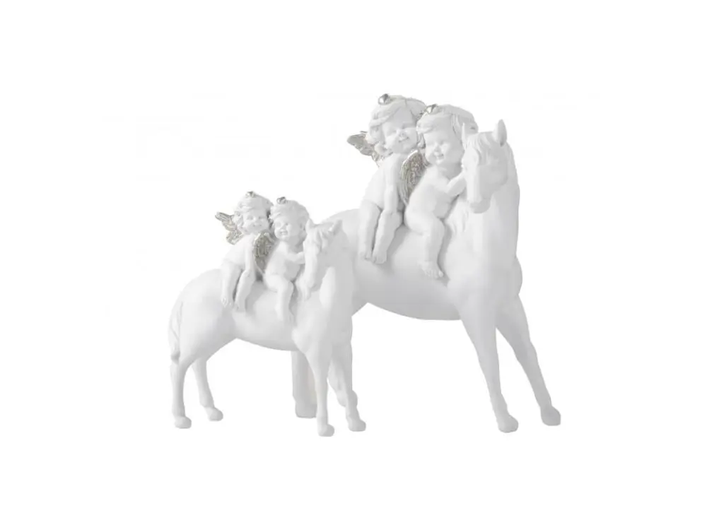 Statue Déco en Résine "Cheval & 2 Anges" 24cm Blanc