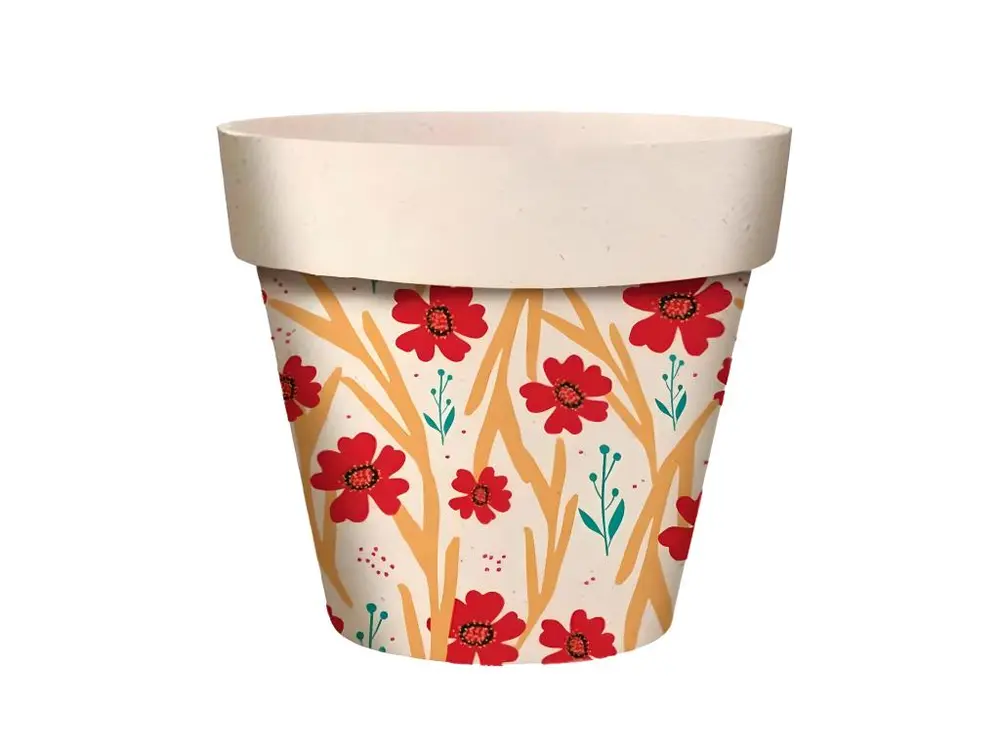 Cache pot en bambou fleurs rouges 15.5 cm