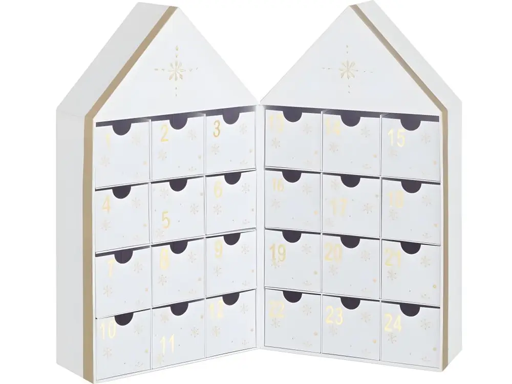 Calendrier de l'avent en forme de maison en carton blanc 31x7x35 cm