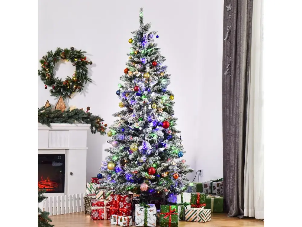 Sapin de Noël artificiel enneigé lumineux LED x 250 multicolore Ø 112 x 210H cm 829 branches vert blanc