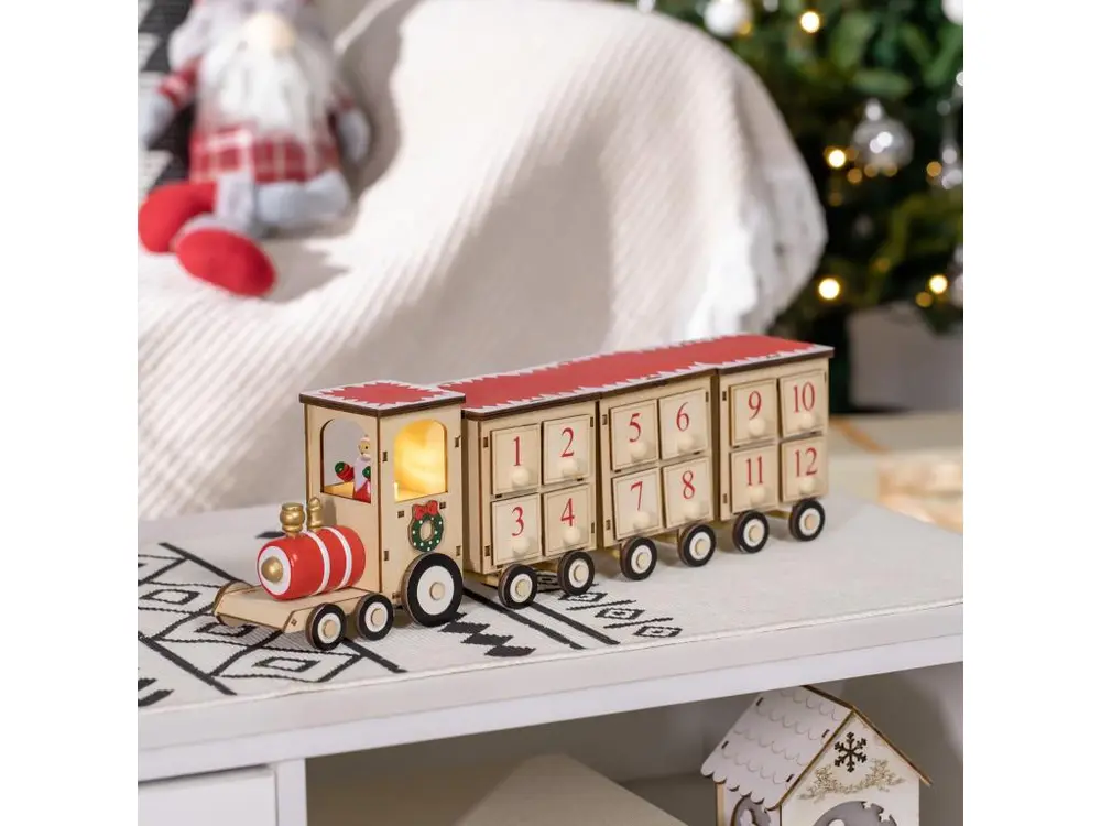 Calendrier de l'Avent LED train - lumière LED blanc chaud - 24 tiroirs - décoration lumineuse de Noël - contreplaqué beige rouge