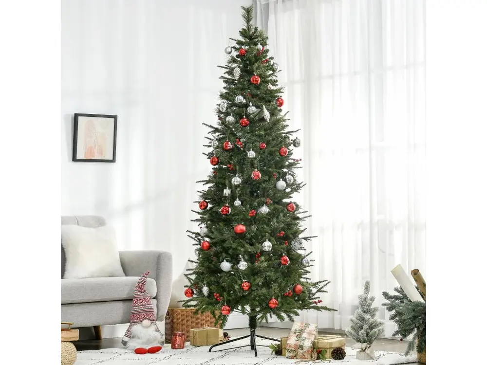 Sapin de Noël artificiel décoré Ø 78 x 210H cm 746 branches épines grand réalisme 45 baies rouges