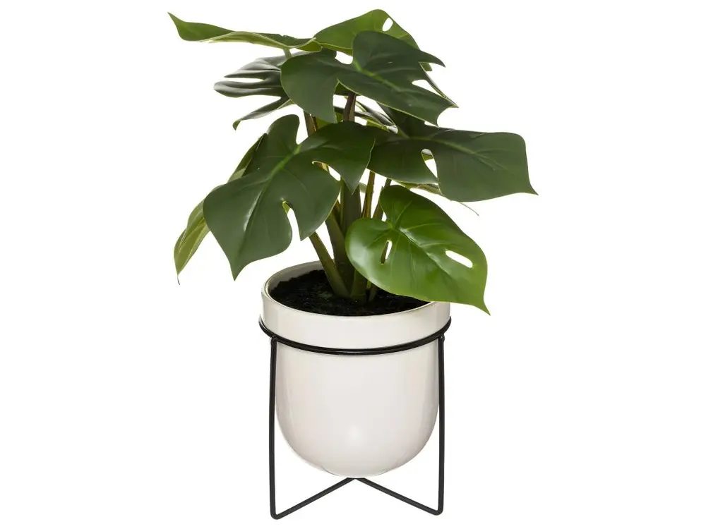 Plante artificielle Monstera en pot céramique et support en métal noir H 33 cm