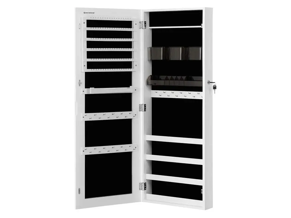 Armoire à bijoux murale range-bijoux avec 2 organisateurs cosmétiques à suspendre miroir psyché sans cadre avec serrure et clés 108 cm blanc 12_0002310