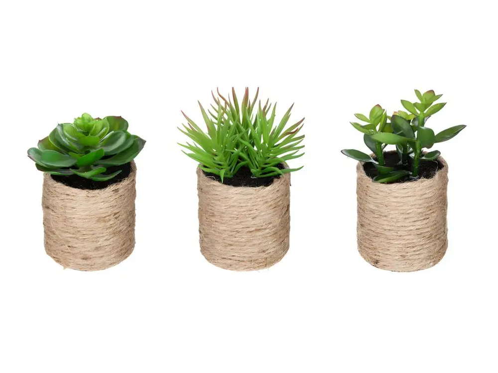 Lot de 3 plantes vertes artificielles avec pot en corde coloris sable