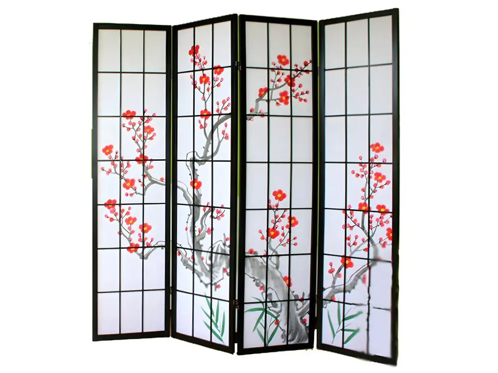 Paravent japonais fleur de cerisier en bois noir de 4 pans, L176 x H175 x P2 cm