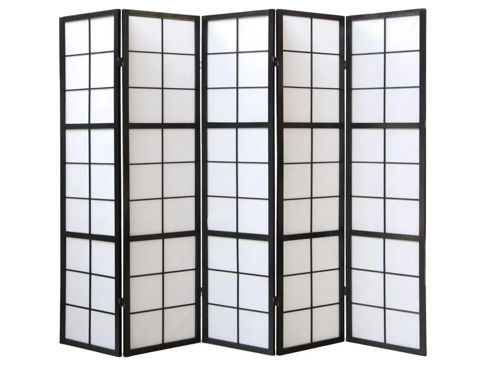 Paravent japonais grands carreaux bois noir et papier de riz - 5 pans - Dim : H 175 cm