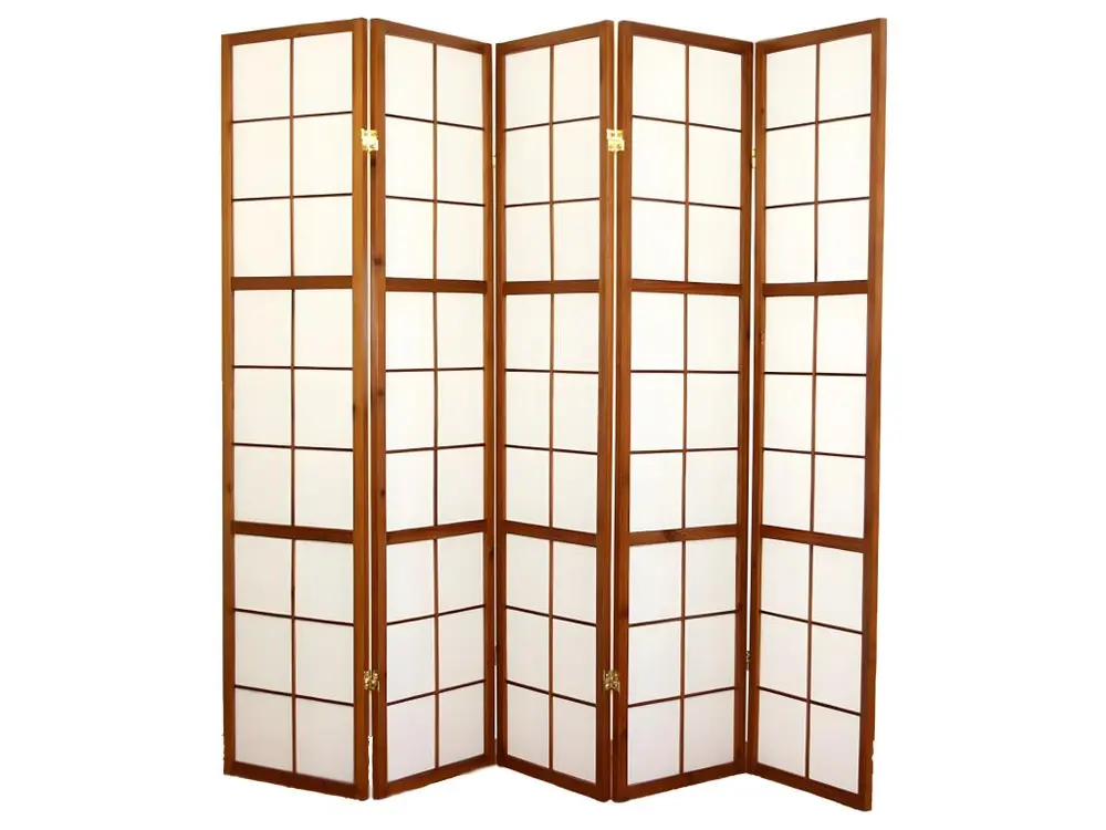 Paravent japonais Shoji en bois brun de 5 pans L220 x H175 x P2 cm