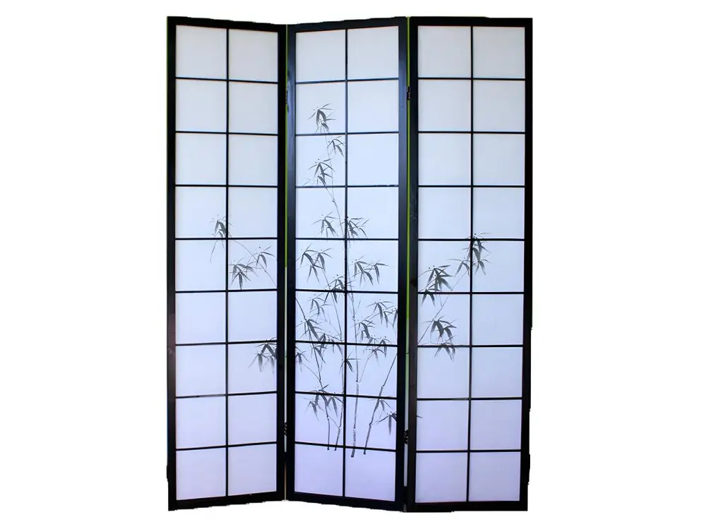 Paravent japonais en bois noir avec dessin bambou de 3 pans