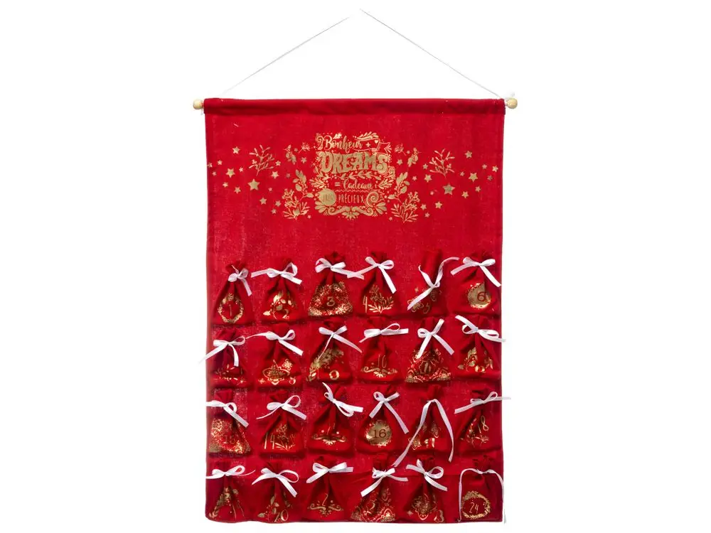 Déco de Noël Calendrier de l'Avent en tissu Rouge avec 24 Pochons H 65 cm