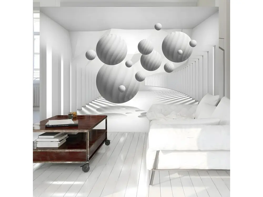 Papier peint intissé 3D et Perspective Balls in White : Taille - 250 x 175 cm