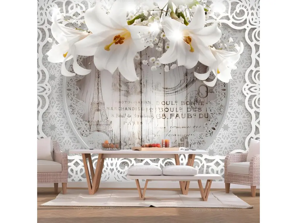 Papier peint intissé Fleurs Lilies and Wooden Background : Taille - 300 x 210 cm