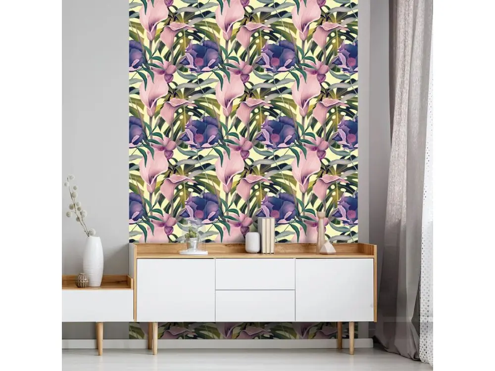 Papier peint intissé pré-encollé - TROPICAL FLEURS ROSES ET VIOLETTES - 1 rouleau de 300x60cm