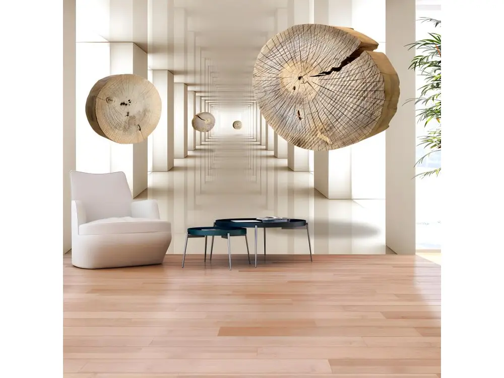 Papier peint intissé 3D et Perspective Cercles de bois volants : Taille - 400 x 280 cm