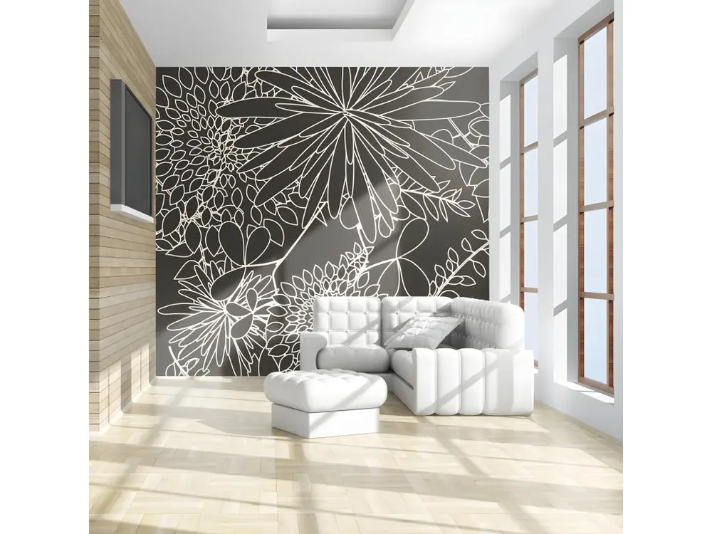 Papier peint intissé Fonds et Dessins Motif floral noir et blanc : Taille - 400 x 309 cm