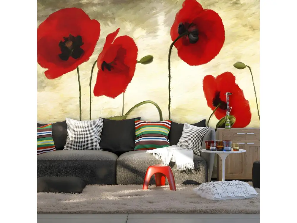 Papier peint intissé Fleurs Coquelicots peints à l'acrylique : Taille - 350 x 270 cm