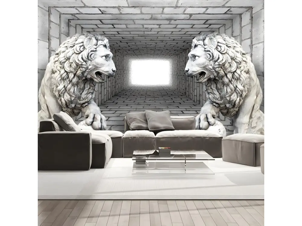 Papier peint intissé 3D et Perspective Lions de pierre : Taille - 250 x 175 cm