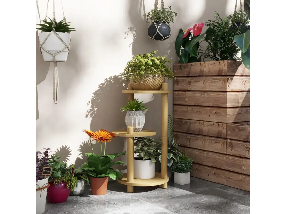 Étagère à fleurs en bois - porte plante bois 3 étagères rondes - dim. 41L x 39l x 68H cm - bois sapin verni