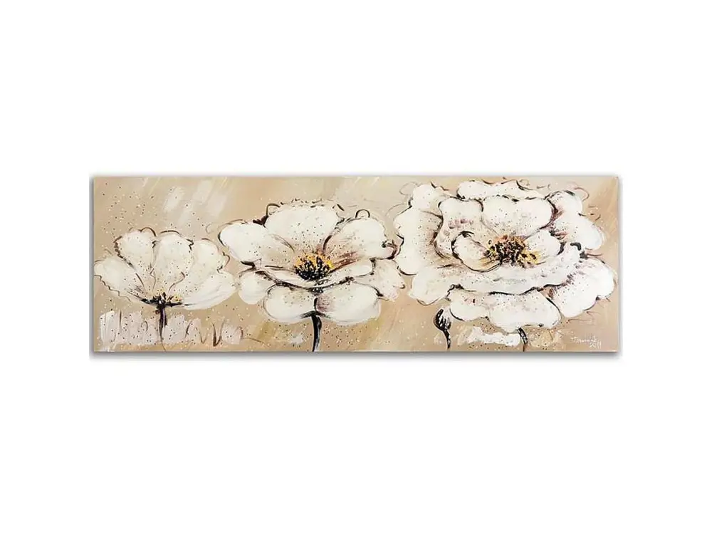 Tableau bois panorama, fleurs blanches trois - 50 x 20 cm