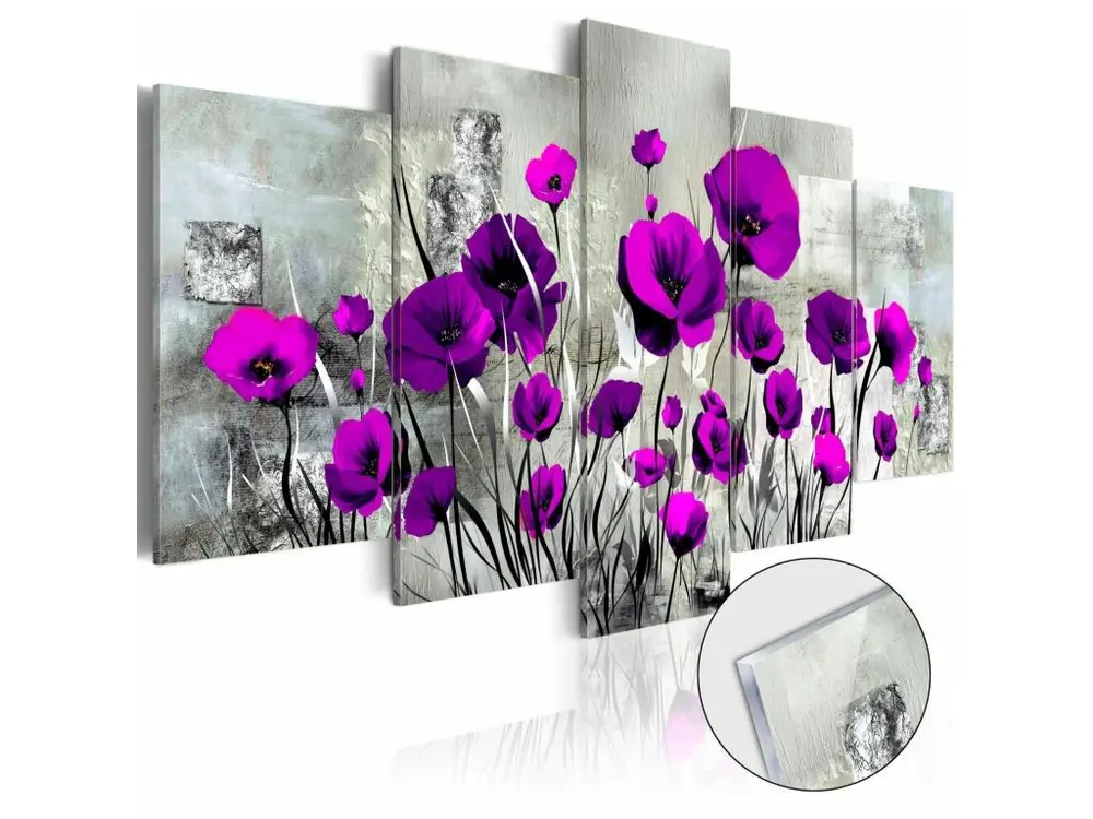 Tableau sur verre prairie : coquelicots violets - 200 x 100 cm