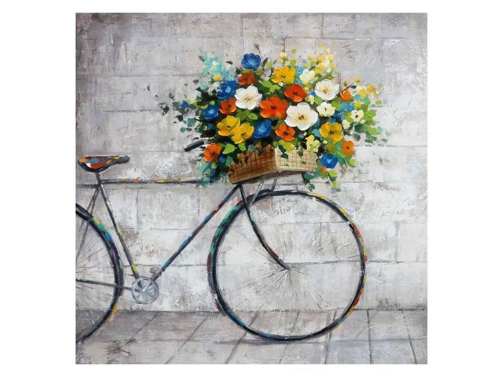 Tableau Peinture Figurative Kuatéh 100x100 cm Vélo avec Fleurs Huile sur Toile