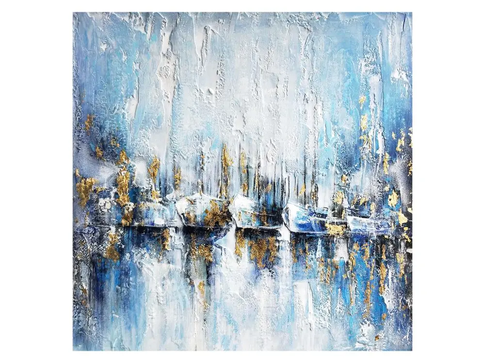 Tableau Peinture Abstraite Kuatéh 100x100 cm Bateaux avec Fond Bleu Huile sur Toile