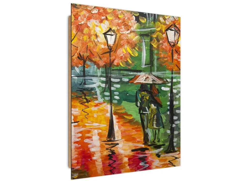 Tableau bois marche sous la pluie à travers le parc - 40 x 60 cm