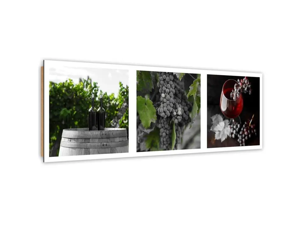 Tableau bois panorama raisins et vin - 140 x 45 cm