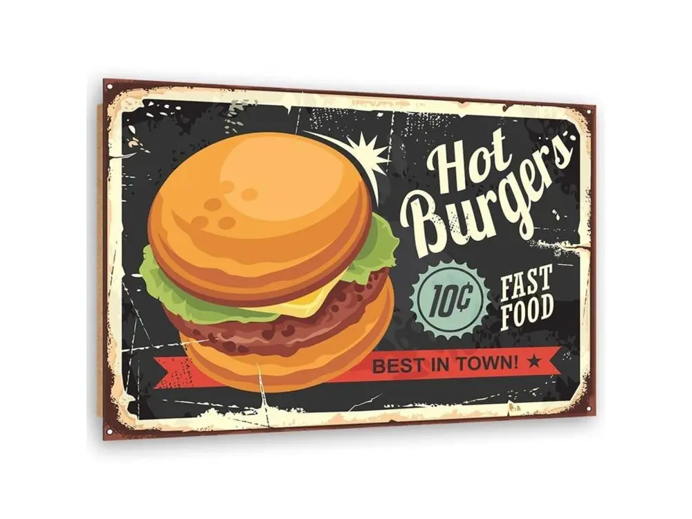 Tableau bois rétro - burger - 60 x 40 cm