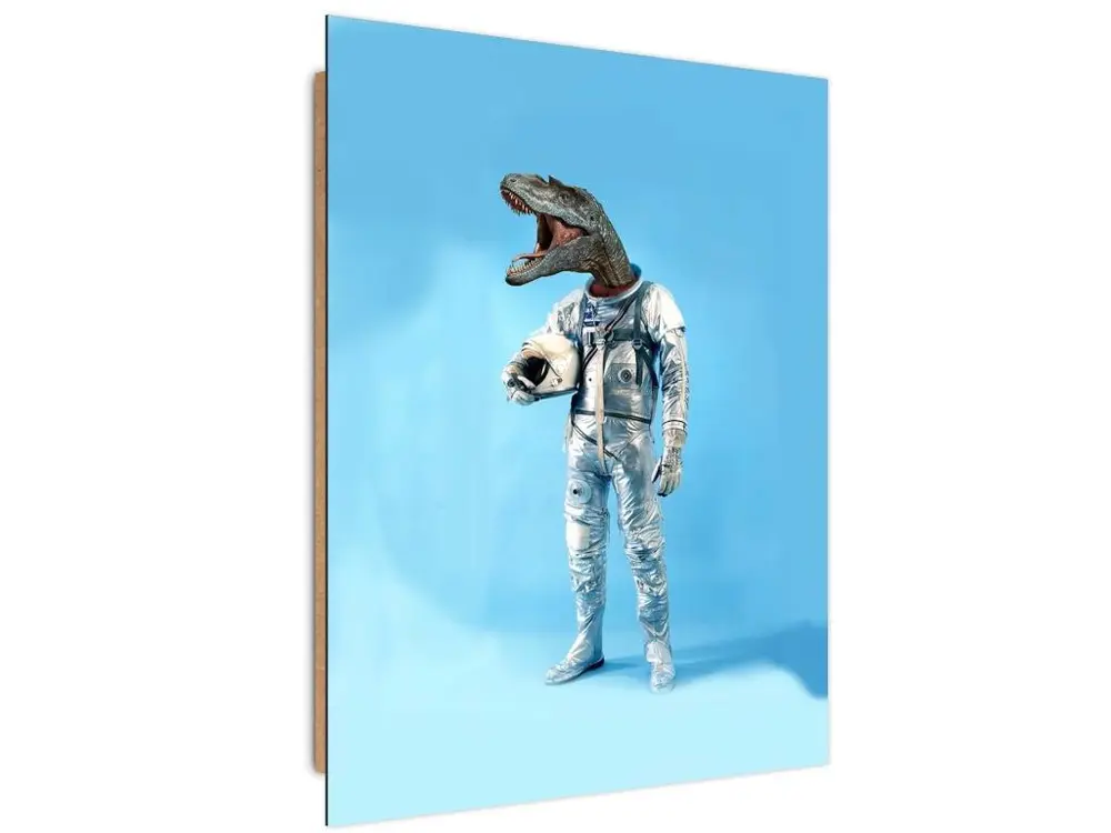 Tableau bois astronaute avec une tête de dinosaure - 40 x 60 cm