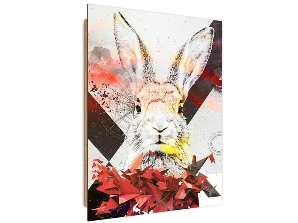 Tableau bois abstrait lapin rose - 60 x 80 cm