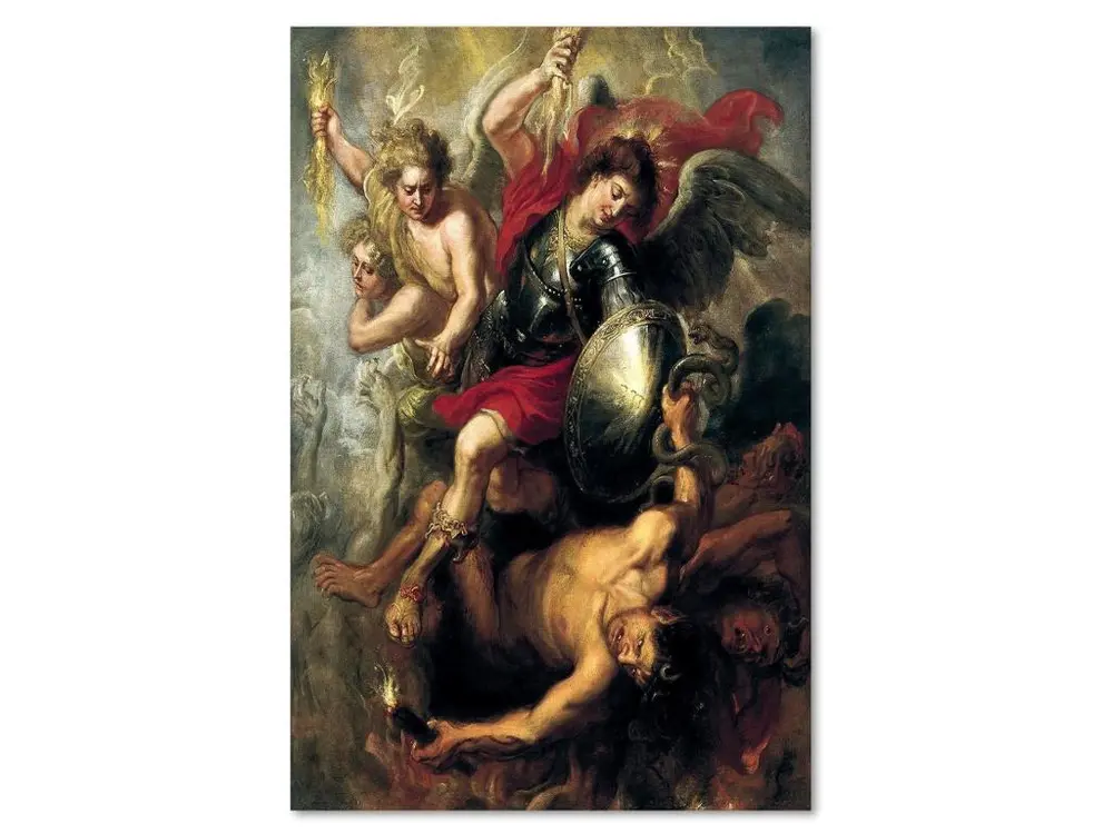 Tableau bois l'archange michael précipita lucifer et les anges rebelles - 40 x 60 cm