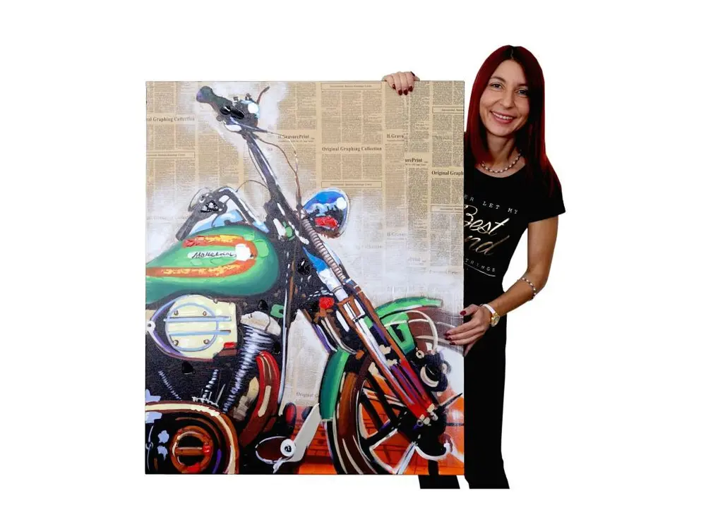 Tableau à l'huile, moto, peint à la main à 100%, toile de décoration murale XL - 100x80cm