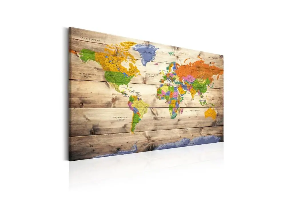 Tableau Cartes du monde Map on wood: Colourful Travels : Taille - 60 x 40 cm