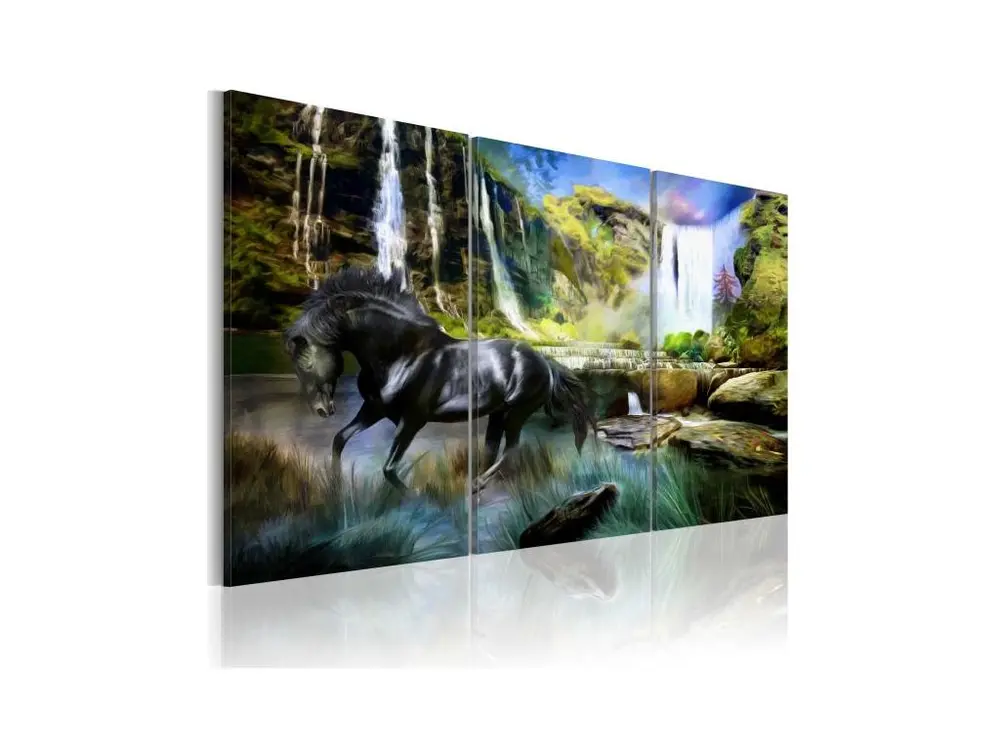 Tableau Cheval sur fond de cascade bleue : Taille - 60 x 40 cm